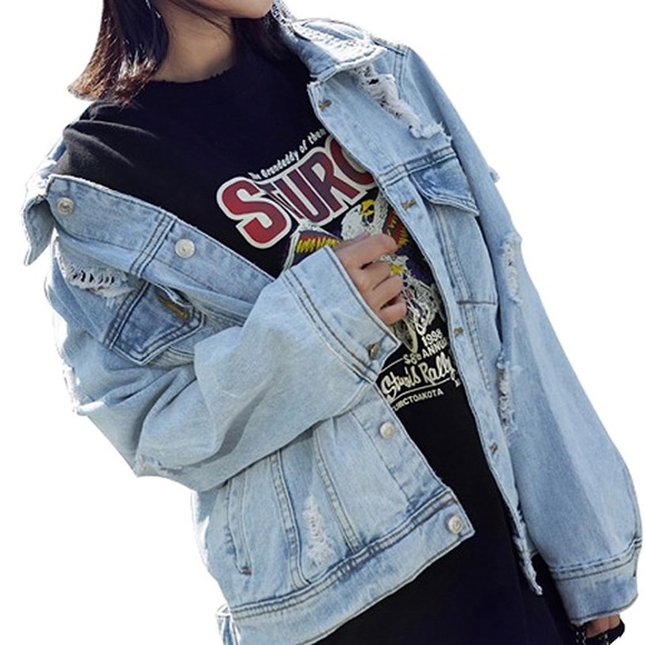 JUDYBRIDAL Oversize Distressed Denim Jacket Sz L NEW MFRP $45 - Picture 4 of 8